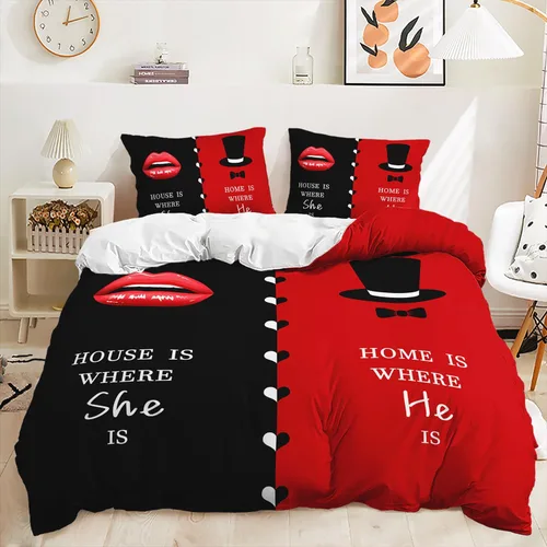 Miniatura 9 de AILONEN - Juego de funda de edredón tamaño individual, diseño de corazones para parejas, juego de ropa de cama rojo y negro, diseño "Yo y tú", juego