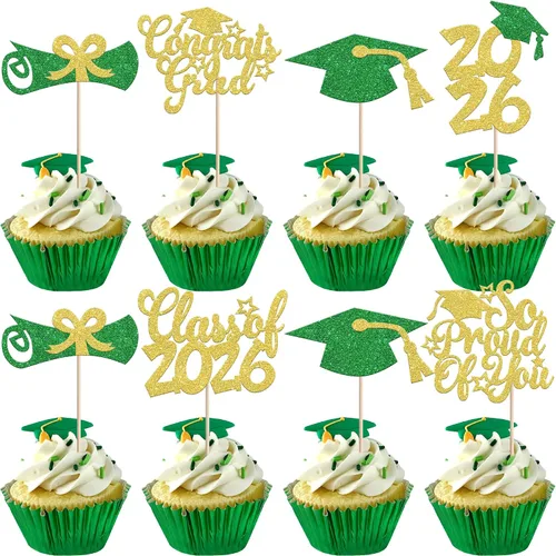 Miniatura 33 de Rsstarxi Paquete de 24 adornos para cupcakes de graduación 2026, con purpurina azul, para la clase de 2026, para diplomas, 24 piezas (6 diseños)