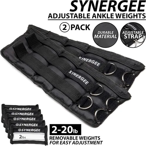 Miniatura 2 de Synergee Pesas ajustables para tobillo/muñeca de ajuste cómodo (juego de 2). Disponible en 5 libras, 10 libras y 20 libras. Talla única. c) 20 lbs