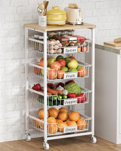 Miniatura 10 de CHLORYARD Cesta de frutas y verduras de 4 niveles, carrito rodante con ruedas con cestas extraíbles y parte superior de madera para cocina, comedor
