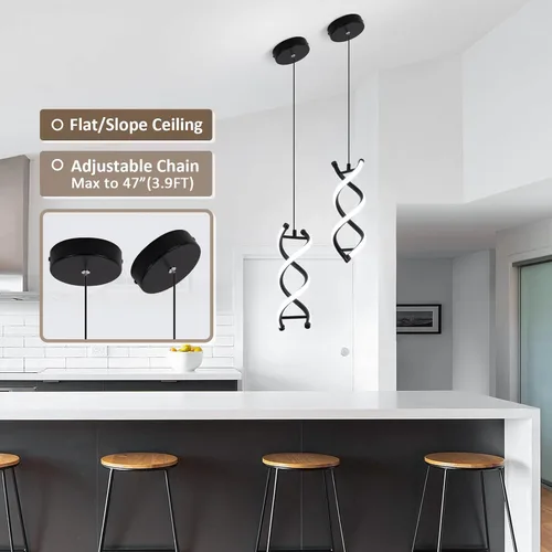 Miniatura 3 de CANEOE Lámpara colgante LED en espiral, lámpara colgante LED integrada moderna de 15W 6000K, altura ajustable, lámpara de techo negra para isla