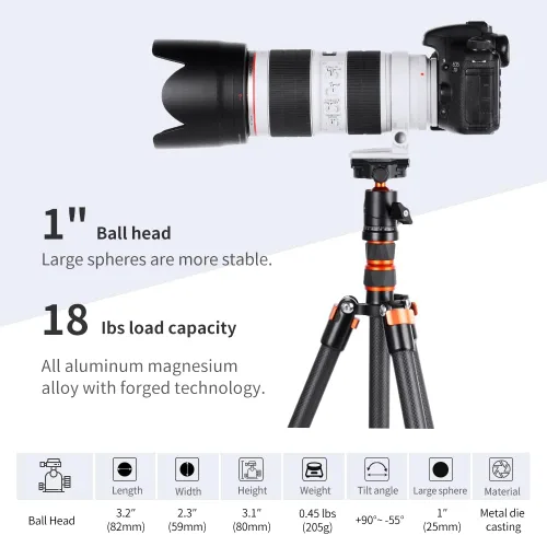 Miniatura 2 de K&F Concept Cabezal de bola de trípode de metal de 0.984 in, rotación de 360 grados, panorámica con placa de liberación rápida de 1/4 de pulgada
