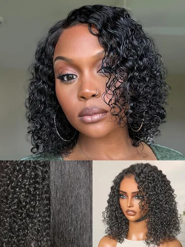 Miniatura 15 de LUVME HAIR - Pelucas de cabello humano rizado corto sin pegamento de 10 pulgadas, precortadas, predepiladas, indetectable, encaje HD, negro
