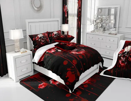 Miniatura 5 de Manfei Manta de calavera floral con estampado de sangre y flores rojas, para decoración de habitación de niños y niñas, manta gótica de calavera