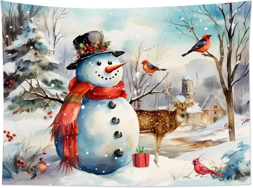Miniatura 5 de LB Tapiz navideño de muñeco de nieve, bosque de pinos de invierno con ciervos cardenales, tapiz de pared para dormitorio, tapiz colgante de pared