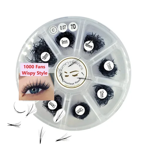 1000 abanicos de volumen prefabricados, longitudes mixtas de 0.354-0.630 in, abanicos sueltos C, D. Extensiones de pestañas hechas a mano, 7D Wispy