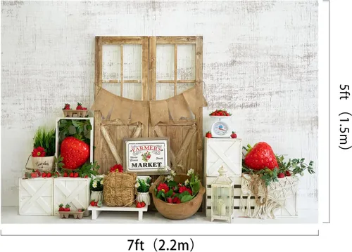 Miniatura 2 de Kate Fondo de puerta de madera de fresa de verano de 6.5x6.5 pies/6.6x6.6 ft, fondo impreso digital, accesorios de estudio de fotografía y video