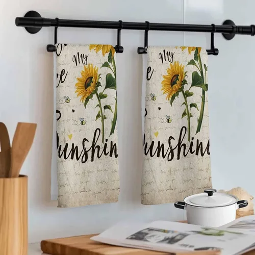 Miniatura 7 de Toallas de cocina rústicas de girasol, papel de periódico retro marrón rústico de microfibra absorbente para platos de cocina, toalla de baño
