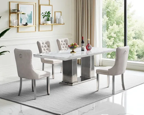 Miniatura 91 de Moderno juego de mesa de comedor de mármol sintético de 68.11 pulgadas para 6, mesa de comedor de mármol blanco y plateado con 6 sillas de Blanco