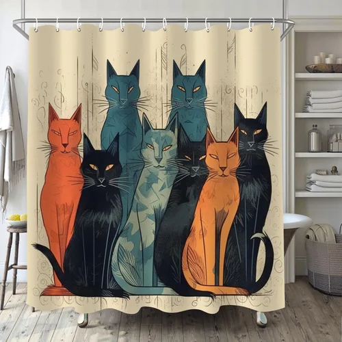 YLATY1519 - Cortina de ducha abstracta de gatos para baño, divertido juego de cortina de ducha estilo hippie con diseño bohemio, tela moderna e