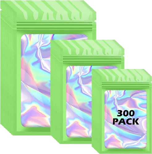 Miniatura 15 de 300 bolsas holográficas de mylar, 3 tamaños, bolsas a prueba de olores con ventana transparente, bolsas de papel de aluminio resellables