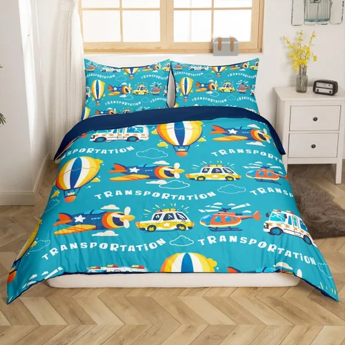 Miniatura 4 de Erosebridal Funda de edredón de vehículos de dibujos animados tamaño individual para niños y niñas, juego de ropa de cama Kawaii de helicóptero