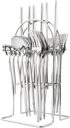 Miniatura 8 de Juego de cubiertos básicos de 24 piezas con un soporte para cubiertos, acero inoxidable 18/0 acabado espejo, cuchillo, tenedor, cucharilla, juego