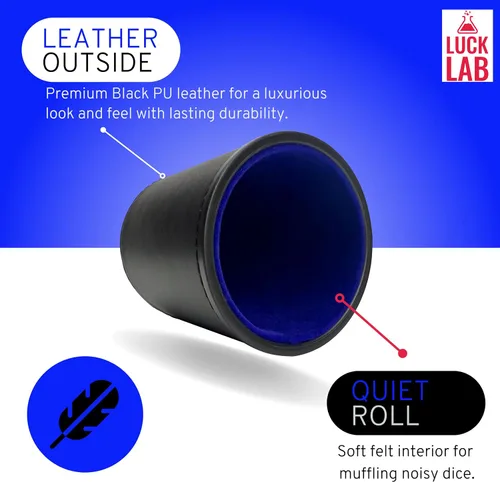 Miniatura 2 de Luck Lab Taza de dados de cuero negro con tapa, incluye 6 dados de perlas a juego, interior de terciopelo azul para agitación silenciosa, uso