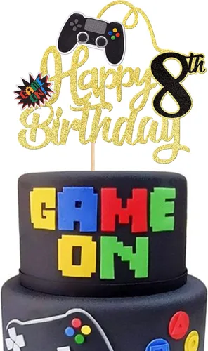 Miniatura 7 de 1 PCS Decoración para Pastel de Videojuegos Feliz Cumpleaños 14 con Purpurina, Palillo Decorativo de Pastel de Videojuegos Game On Controladores