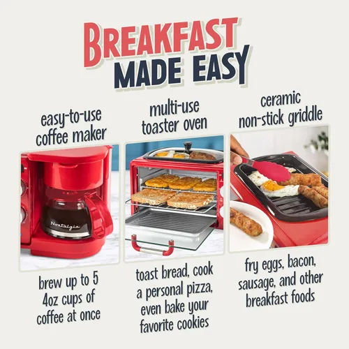 Miniatura 3 de Nostalgia Estación de desayuno retro 3 en 1, incluye cafetera de 5 tazas, plancha de cerámica antiadherente y horno tostador de 4 rebanadas, Rojo