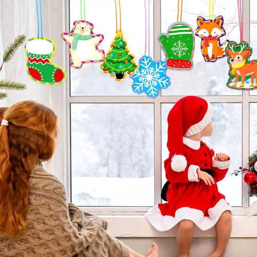 Miniatura 5 de Tarjetas de encaje de animales de invierno, 12 paquetes de kits de costura para niños, tarjetas de costura de cartón de Navidad, juegos de cordones