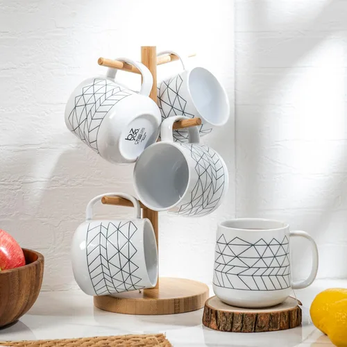 Miniatura 4 de bzyoo Ceramics - Juego de 6 tazas de café de 14 onzas, juego de tazas de té con asa, aptas para microondas y lavavajillas, color blanco con tira
