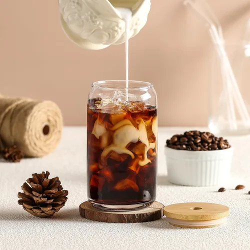 Miniatura 7 de [Juego de 12 piezas] Vasos de vidrio con tapas de bambú y popote de vidrio, vasos para beber en forma de cerveza, vasos de café helado de 16 onzas