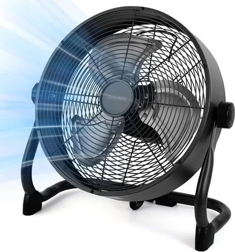 Ventilador de piso recargable de 15 pulgadas para garaje en el hogar al aire libre; motor de cobre DC sin escobillas de alto rendimiento; material