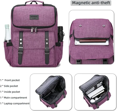 Miniatura 4 de Mochila vintage para laptop con puerto de carga USB para mujeres y hombres, Púrpura, 15,6 pulg.