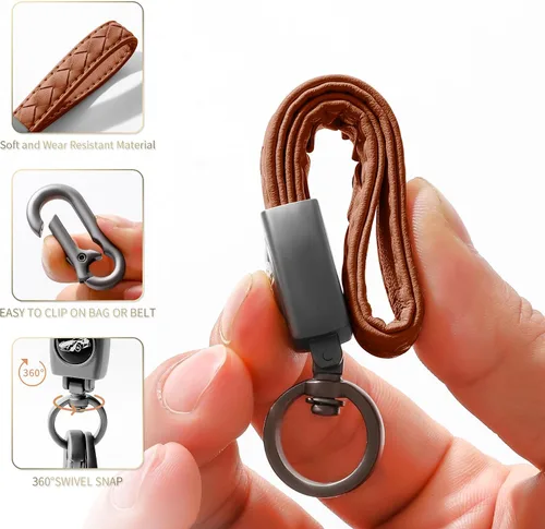 Miniatura 3 de Llavero con mosquetón, llavero universal de cuero tejido resistente hecho a mano, llavero de automóvil con giro giratorio de 360 grados y anillo