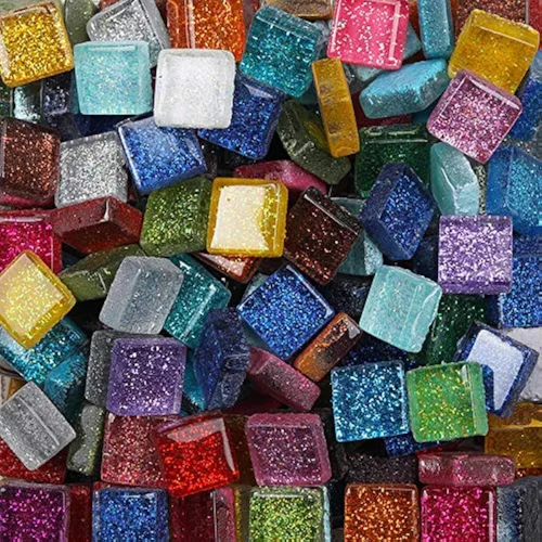 Miniatura 6 de Azulejos de vidrio de mosaico de colores mixtos, piezas de cristal brillantes, azulejos de mosaico de cristal cuadrados con purpurina a granel