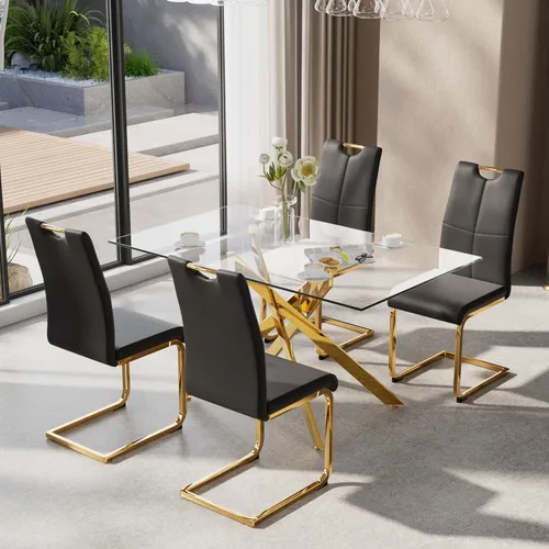 Miniatura 19 de Juego de mesa de comedor de 5 piezas para 4, mesa rectangular moderna de cristal con 4 sillas tapizadas de cuero, juegos de mesa y sillas de comedor