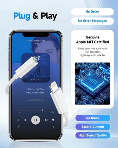 Miniatura 4 de Adaptador Lightning a conector de auriculares de 0.138 in con certificación MFi de Apple, calidad de audio premium y chip DAC para escuchar música