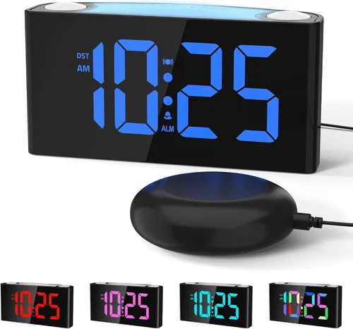 Mesqool Reloj despertador vibratorio para personas que duermen pesadamente, agitador de cama, 3 modos de activación, luz de 8 colores, pantalla RGB