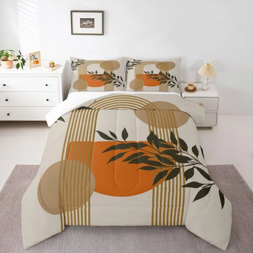 Juego de ropa de cama tamaño King con diseño de hojas bohemias para niñas, niños, adolescentes y mujeres, abstracto, exótico, geométrico, moderno,