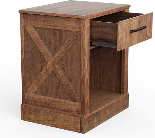 Miniatura 9 de Giantex Juego de 2 mesitas de noche de granja, mesa auxiliar rústica con cajones y compartimento abierto, mesa auxiliar de sofá de madera para Nuez