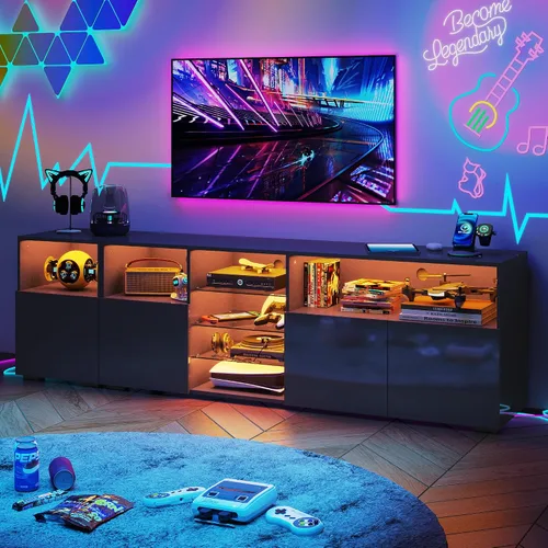Hlivelood Soporte de TV LED para TV de 85 pulgadas, Soporte de TV moderno con toma de corriente, Centro de entretenimiento con consola de TV moderna
