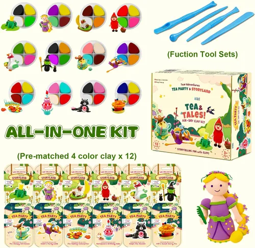 Miniatura 2 de Kit de arcilla seca al aire para niños, kits de manualidades de arcilla temática, figuras de historia, 12 cajas de arcilla de modelado