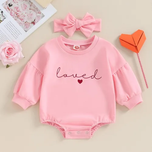 Miniatura 32 de Traje de bebé niña para el primer día de San Valentín, mameluco de burbujas con cuello redondo, sudadera linda para primavera y otoño