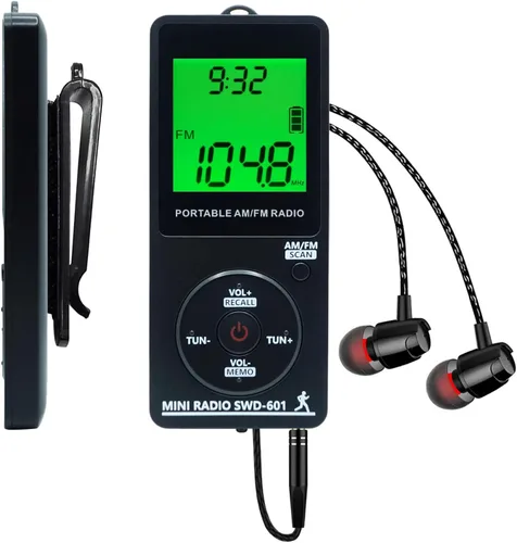 Mini radio portátil personal AM/FM con pantalla LCD de sintonización digital y tiempo de retroiluminación, radio de bolsillo recargable SWDSTP con