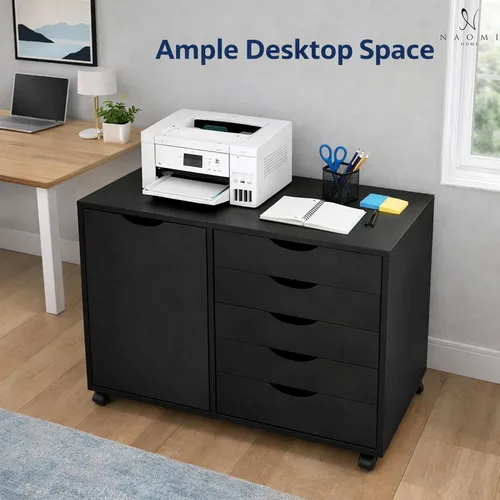 Miniatura 5 de Naomi Home Archivador de oficina con ruedas para debajo del escritorio, con 5 cajones y gabinete de almacenamiento lateral, organizador móvil