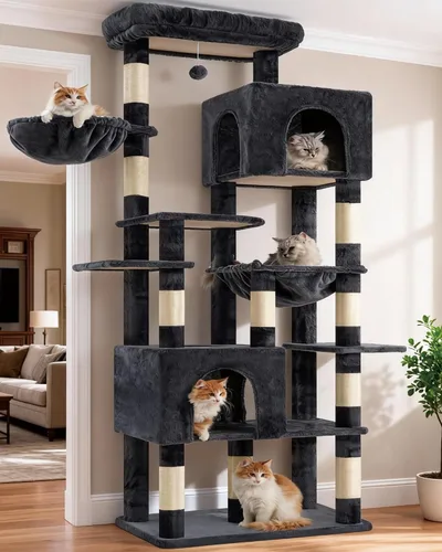 Miniatura 11 de Heybly 68.1" Cat Tree with Oversized Top Platform & Wide Base, Heavy Duty Cat Tower for Large Indoor Cats with 2 Condos, 2 Hammocks, 10 Sisal