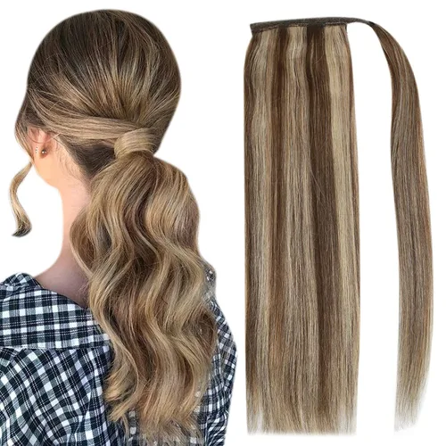 Full Shine - Extensión de cola de caballo con clip, color marrón oscuro con mechas rubio miel, extensión de cabello humano real para mujeres, 14