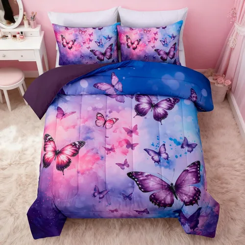 Miniatura 11 de Btargot Juego de edredón de 3 piezas con diseño de mariposas para niños, juego de cama con estampado de flores coloridas para mujeres y niñas