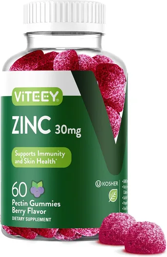 Viteey Gomitas de zinc para mujeres y hombres, suplemento de apoyo inmunológico, 30 mg, vegano, sin gelatina, sin OMG, 60 unidades
