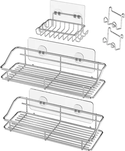 Miniatura 12 de Nieifi - Estante adhesivo para ducha con estantes de almacenamiento sin perforación de acero inoxidable con ganchos para baño, lavabo, aseo