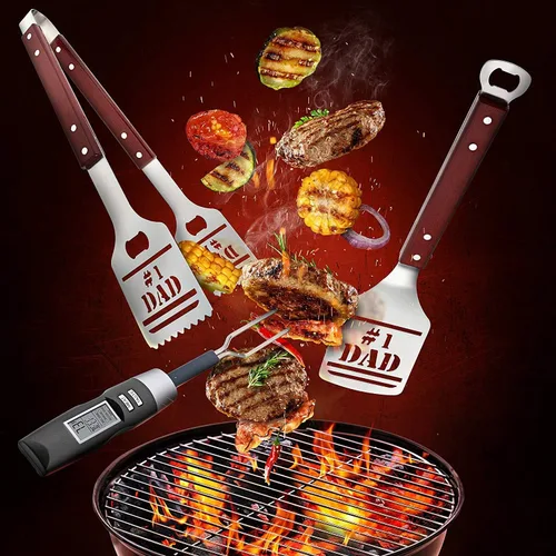 Miniatura 6 de Panoware Juego de herramientas para parrilla de barbacoa para papá, juego de 4 piezas, pinzas número 1 para papá, espátula, termómetro digital