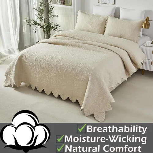 Miniatura 3 de Brandream Queen Size Quilt Set Cotton Beige Quilts Luxury Farmhouse Bedding Set Matelasse Coverlet Scalloped Quilt Set 3-Piece