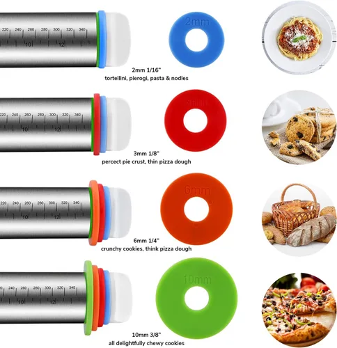 Miniatura 2 de Rodillo y juego de tapetes para pastelería, rodillos con anillos de grosor ajustables, rodillo de masa de acero inoxidable para hornear fondant