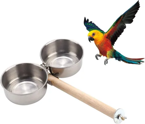 Perca para pájaros con comedero, tazones de acero inoxidable sin olor con soporte para colgar para exteriores, dispensador de alimentos de agua