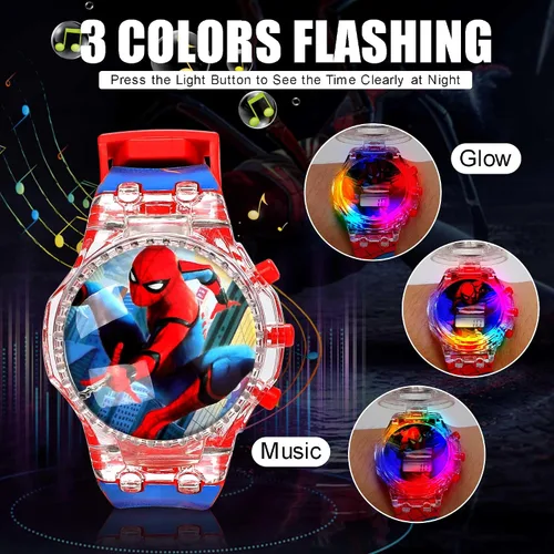 Miniatura 3 de Tawekel Spider-Man - Reloj de música luminoso, esfera giratoria, reloj digital de dibujos animados, regalo de San Valentín para niños y niñas