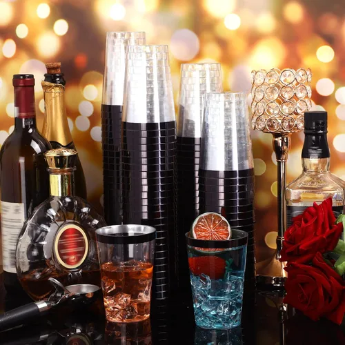 Miniatura 5 de Norme 50 vasos de plástico de 12 onzas desechables para fiesta con borde, vasos transparentes de plástico para vino, café, cumpleaños, boda, Negro