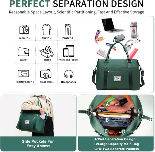 Miniatura 3 de FIORETTO Bolsa de viaje para fin de semana, bolsas de noche con bolsa de transporte para mujer, Verde oscuro