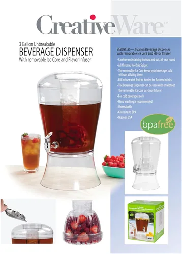 Miniatura 3 de CreativeWare Dispensador de bebidas de 3 galones con cilindro de hielo e infusor de frutas